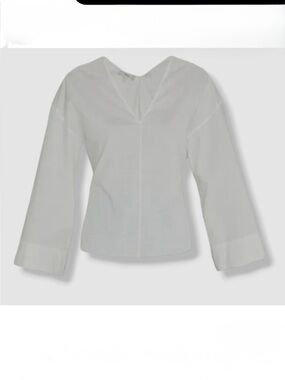 Vince White Double-V Cotton Long Sleeve Blouse